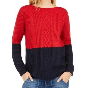 Tommy Hilfiger Cable Knit Sweater Color Block Navy Blue and Red XL